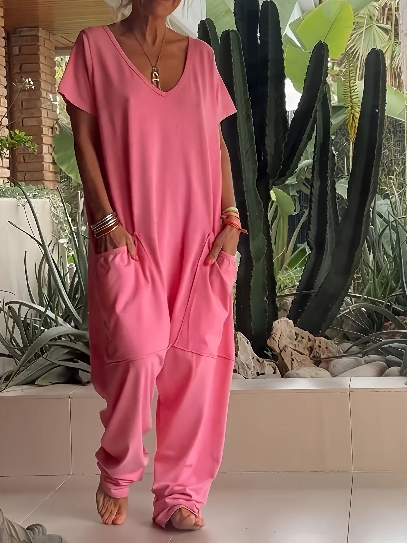 Casual Baggy Romper – Soft Solid Color with Pockets