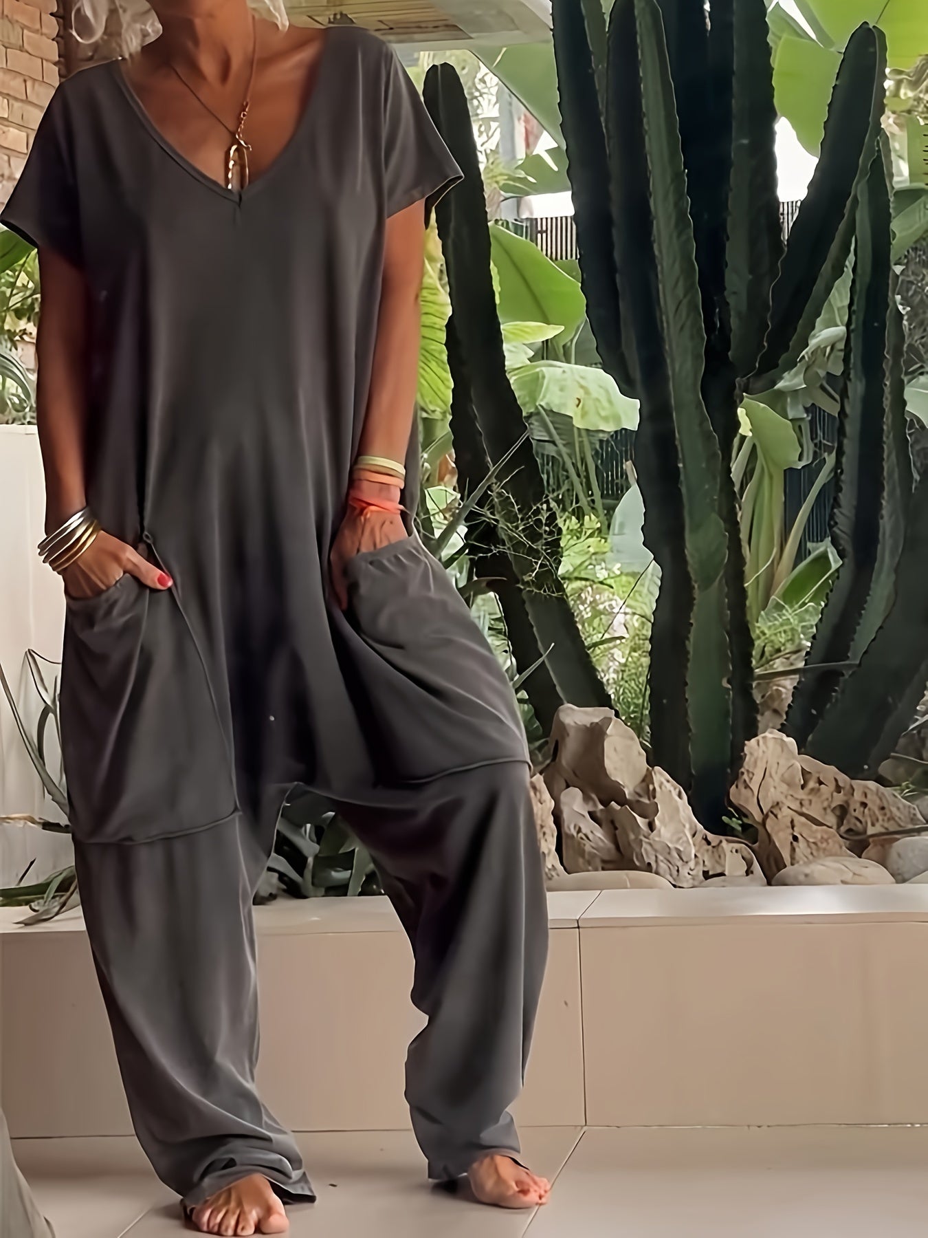 Casual Baggy Romper – Soft Solid Color with Pockets