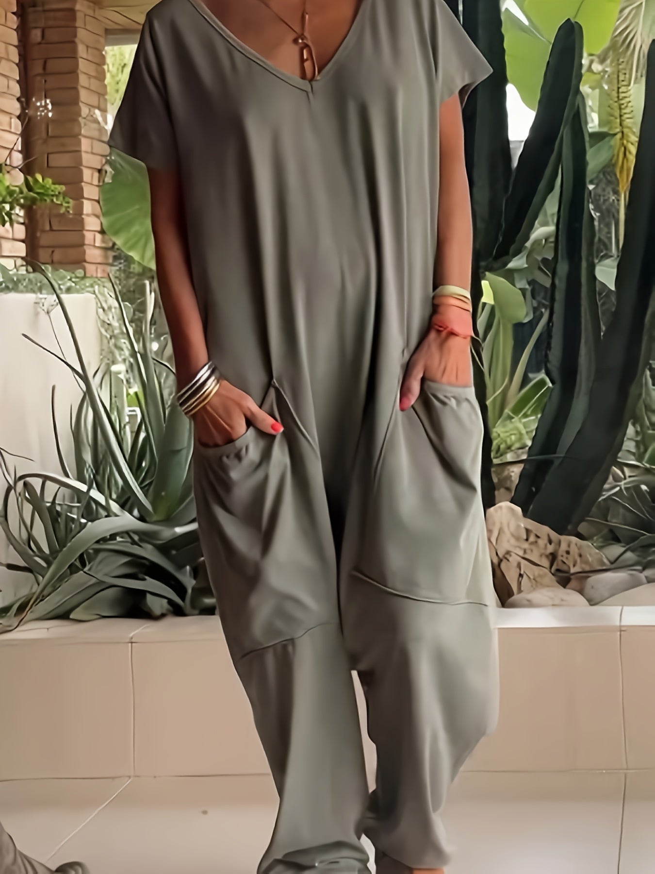 Casual Baggy Romper – Soft Solid Color with Pockets