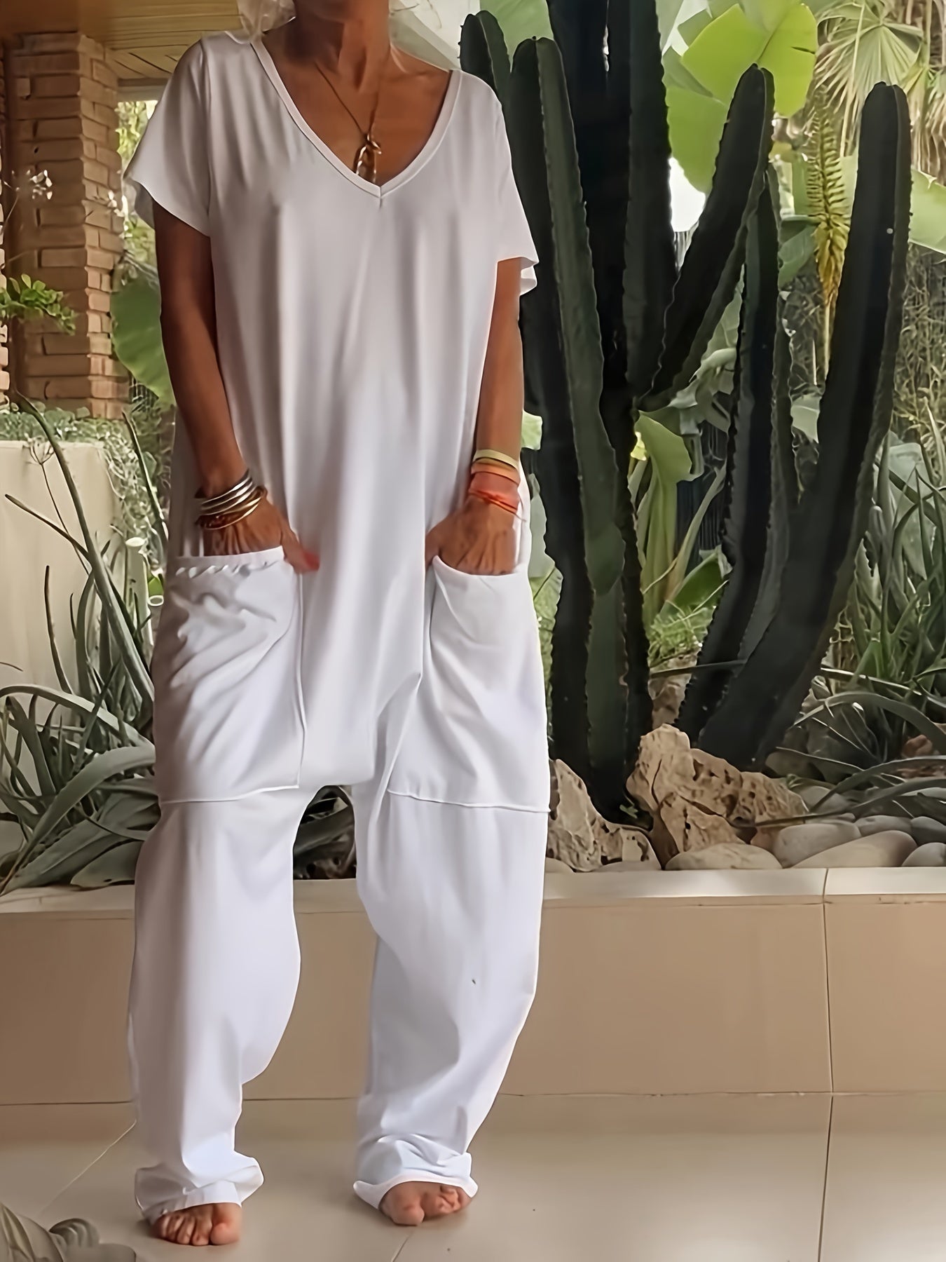 Casual Baggy Romper – Soft Solid Color with Pockets