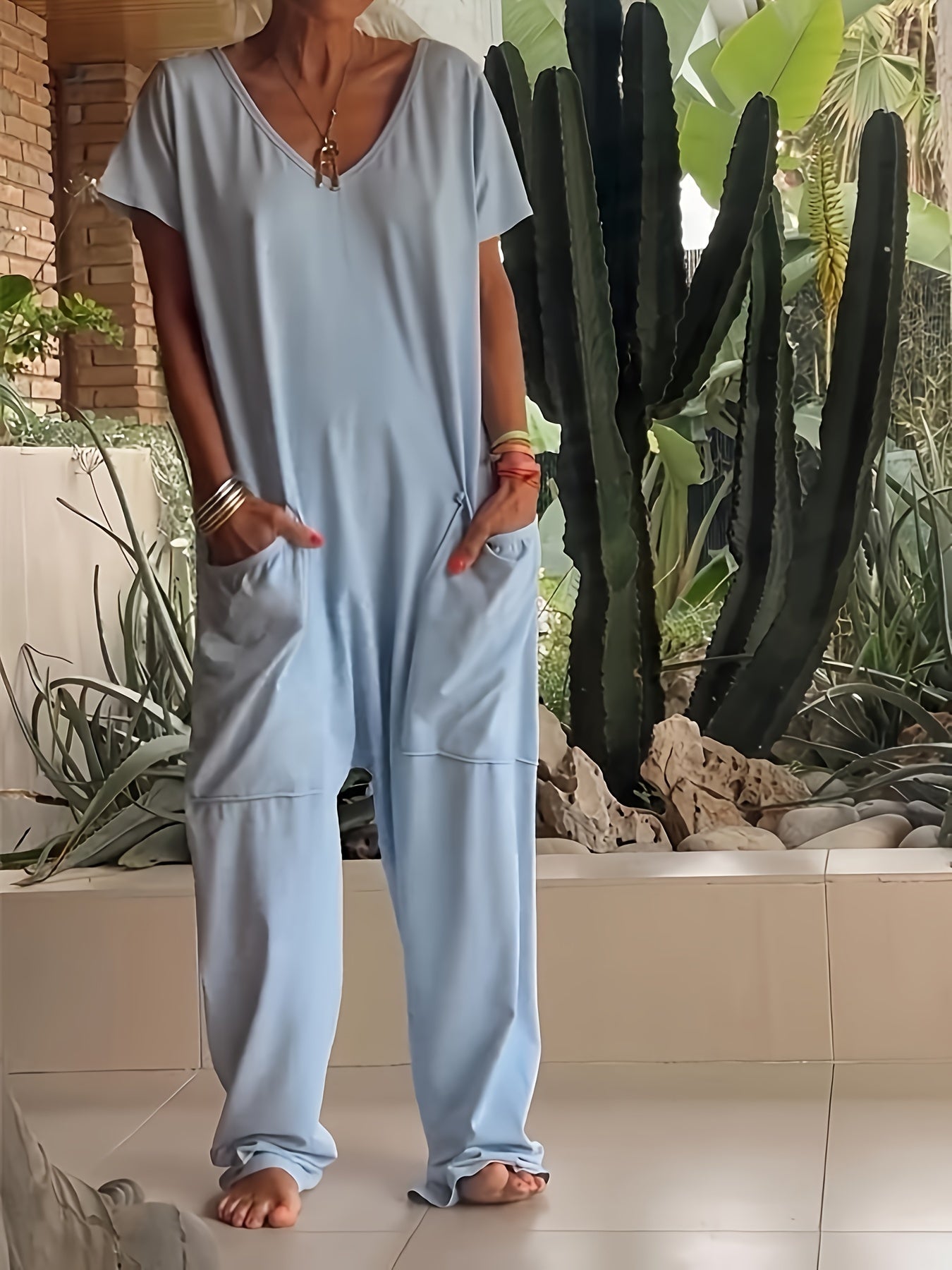 Casual Baggy Romper – Soft Solid Color with Pockets
