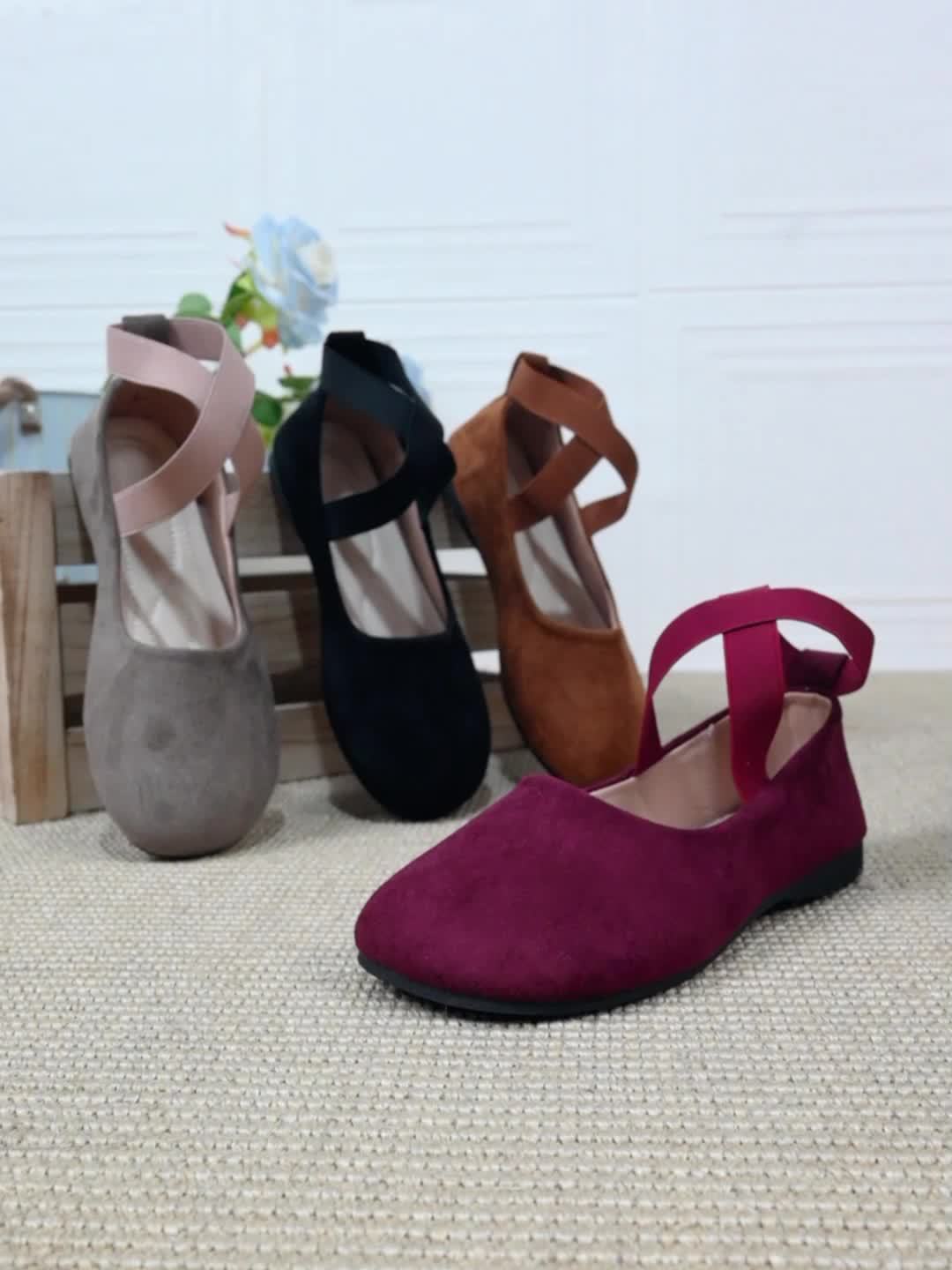 Lightweight Solid Color Ballet Flats - Round Toe Slip-On Shoes with Ankle Strap