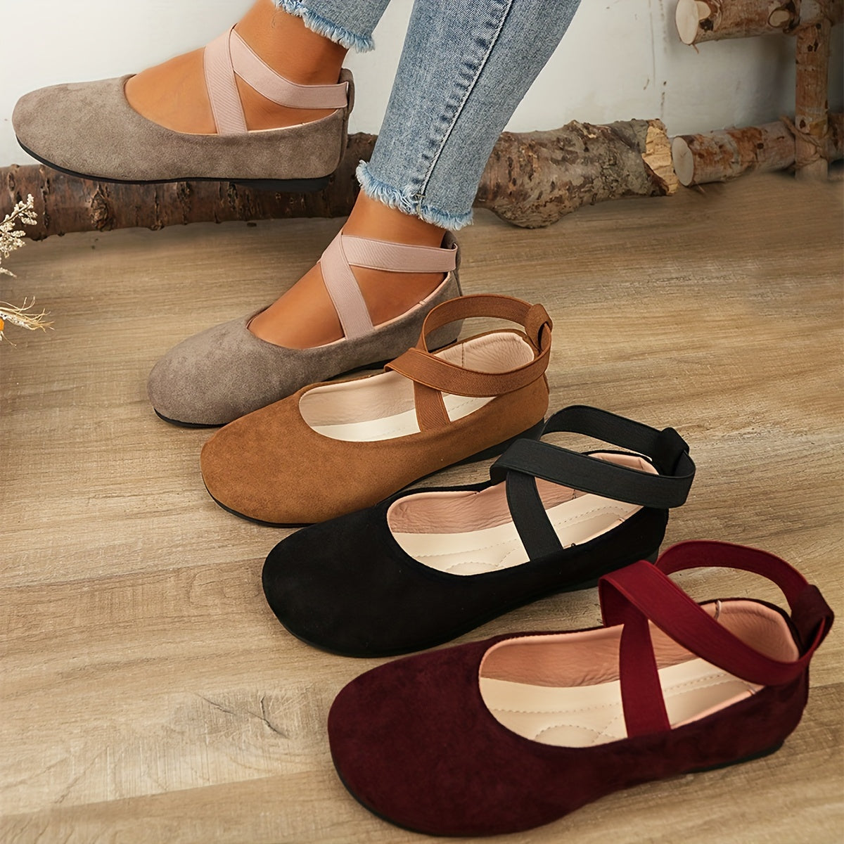 Lightweight Solid Color Ballet Flats - Round Toe Slip-On Shoes with Ankle Strap