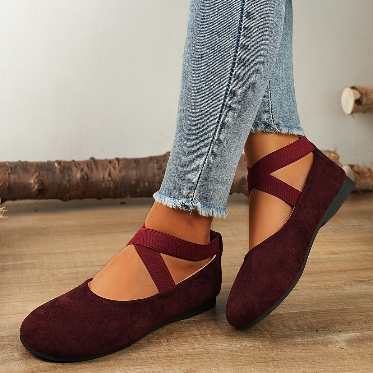 Lightweight Solid Color Ballet Flats - Round Toe Slip-On Shoes with Ankle Strap