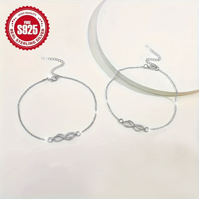 S925 Sterling Silver Boho Anklet – Vintage Infinity Symbol with Zircon Accents