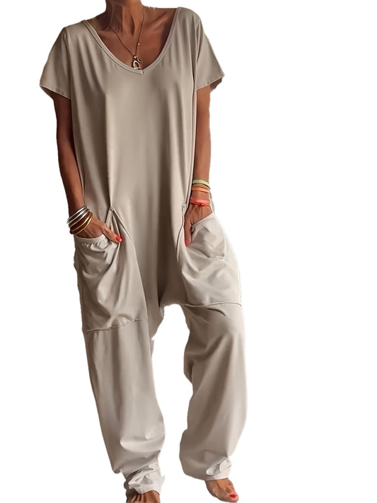 Casual Baggy Romper – Soft Solid Color with Pockets