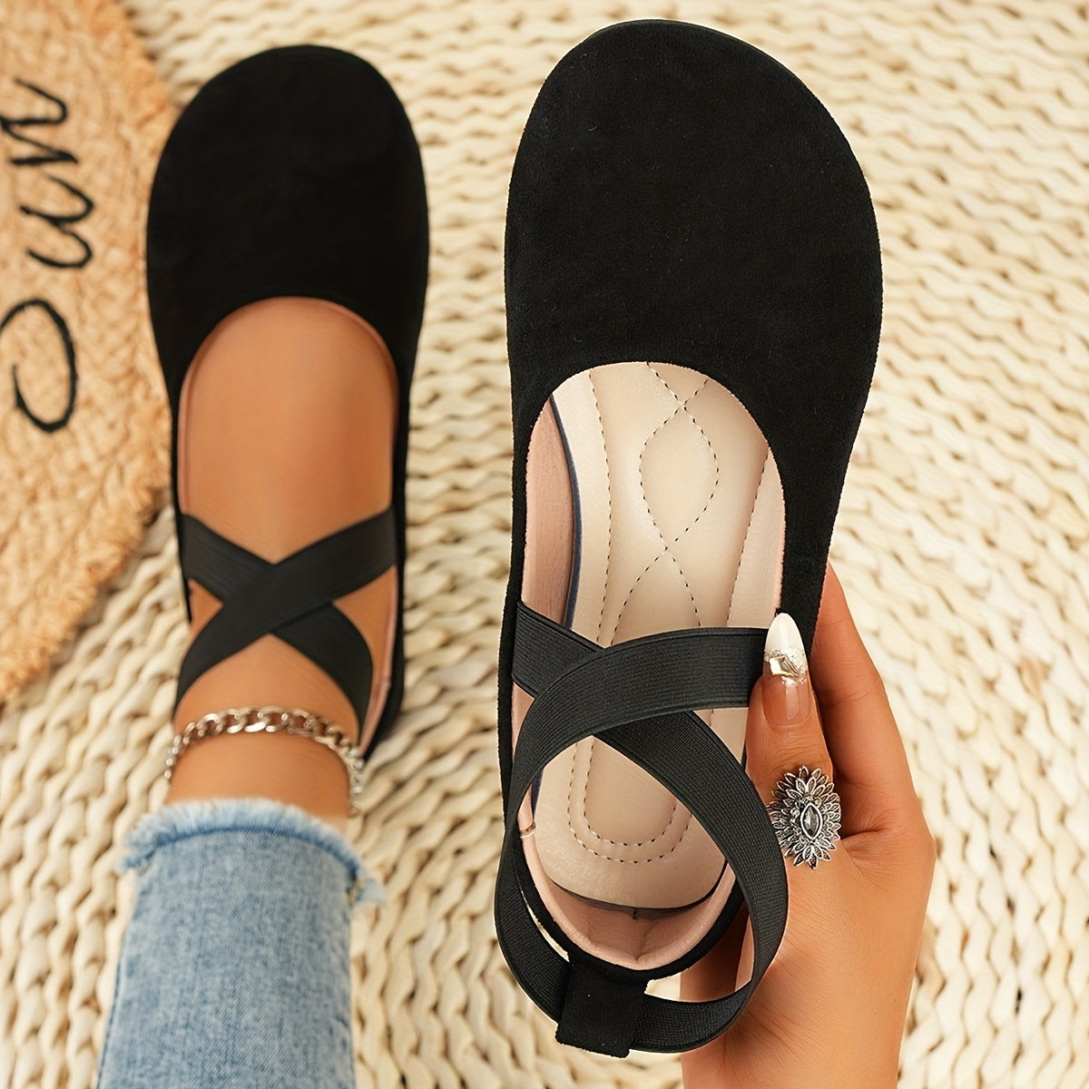 Lightweight Solid Color Ballet Flats - Round Toe Slip-On Shoes with Ankle Strap