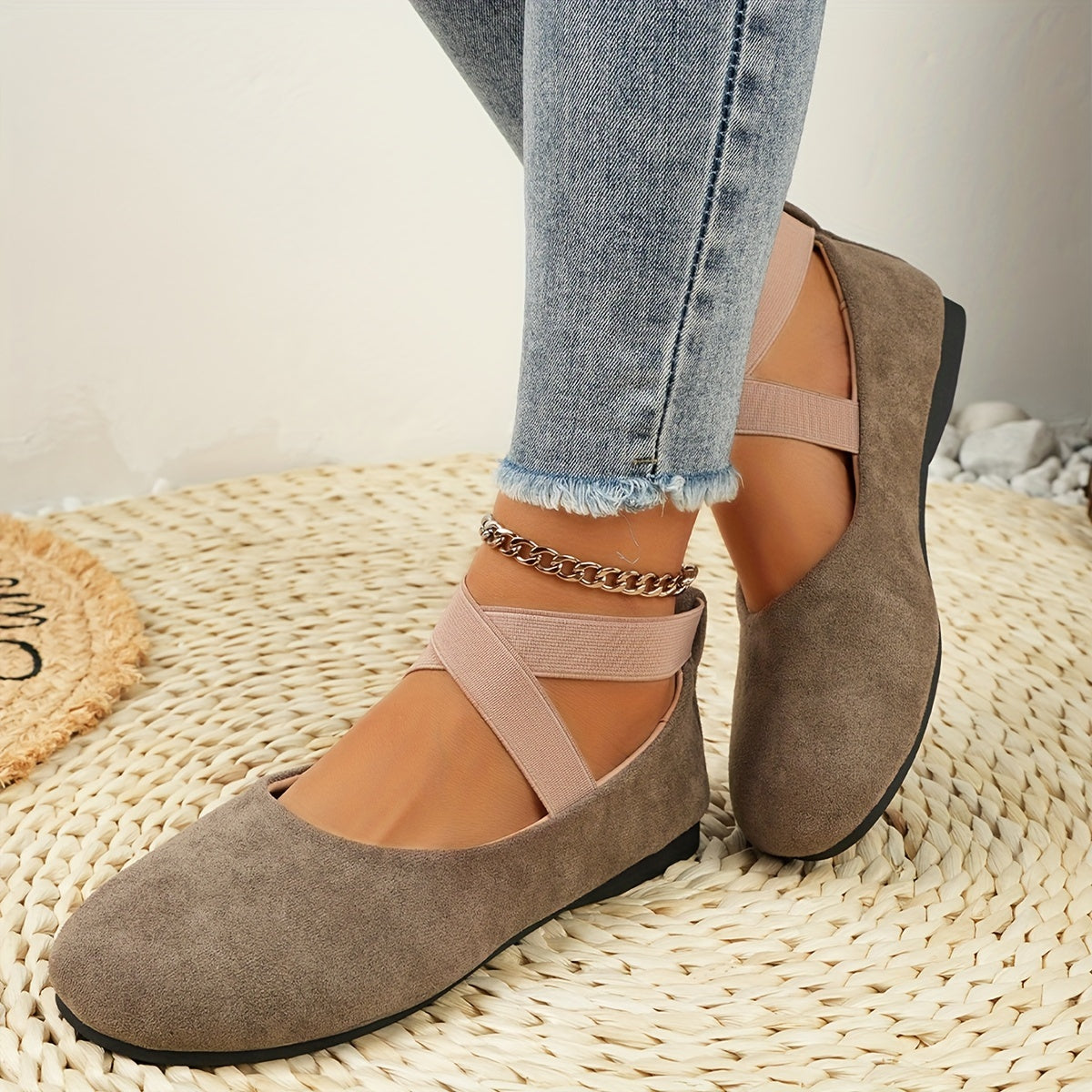 Lightweight Solid Color Ballet Flats - Round Toe Slip-On Shoes with Ankle Strap