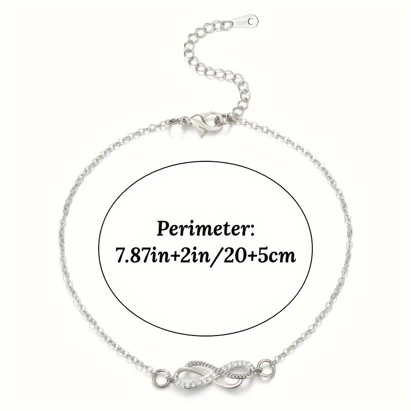 S925 Sterling Silver Boho Anklet – Vintage Infinity Symbol with Zircon Accents