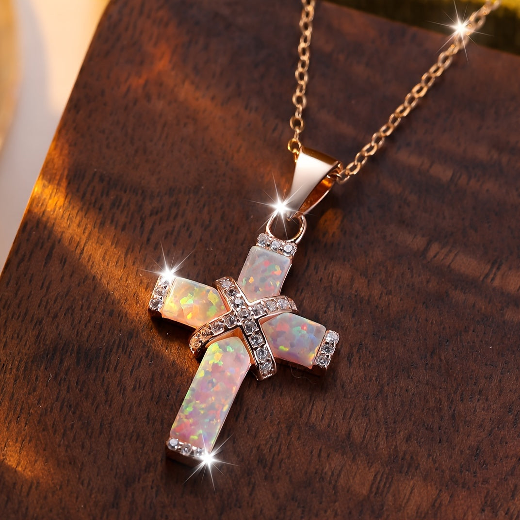 Luxury S925 Silver Opal Cross Necklace