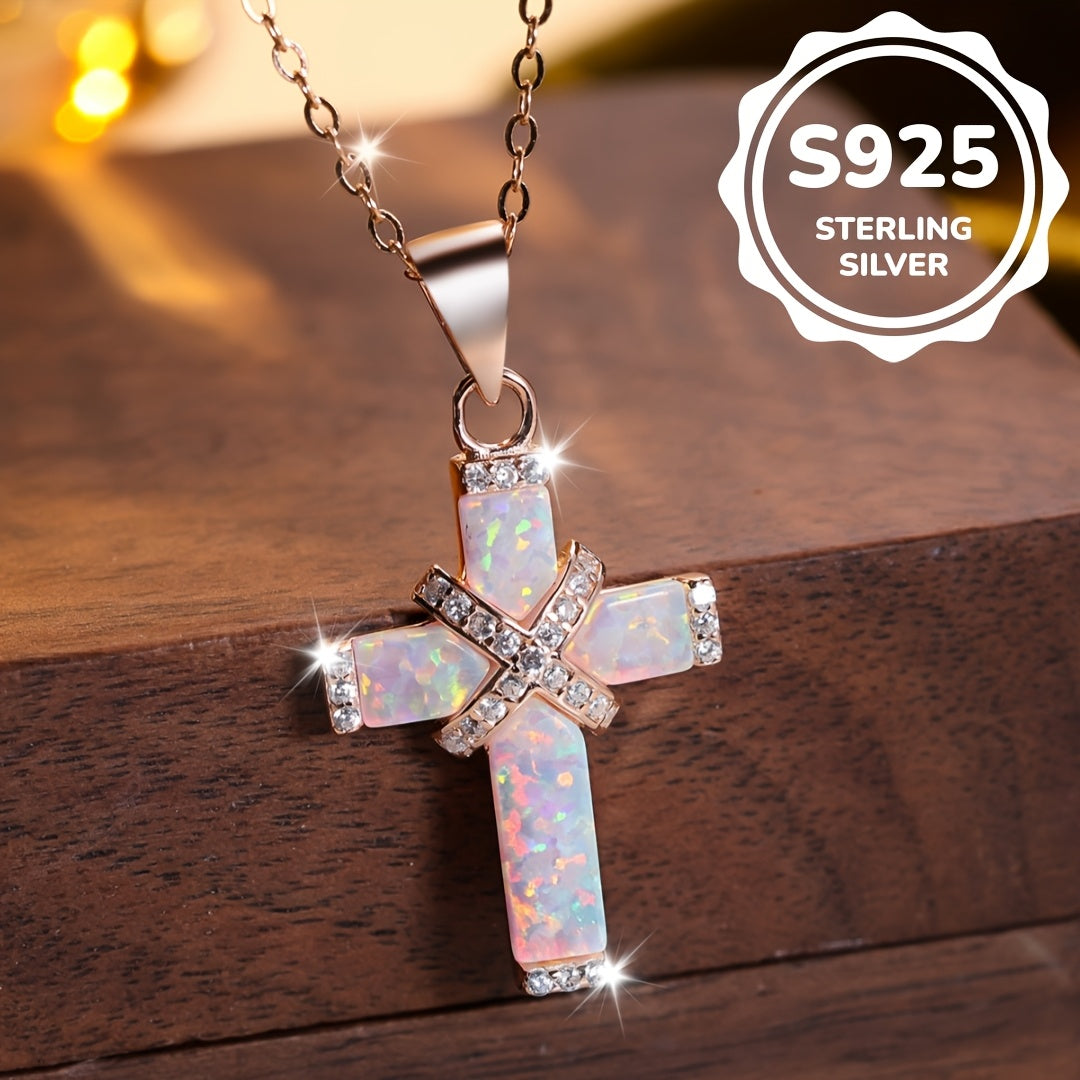 Luxury S925 Silver Opal Cross Necklace